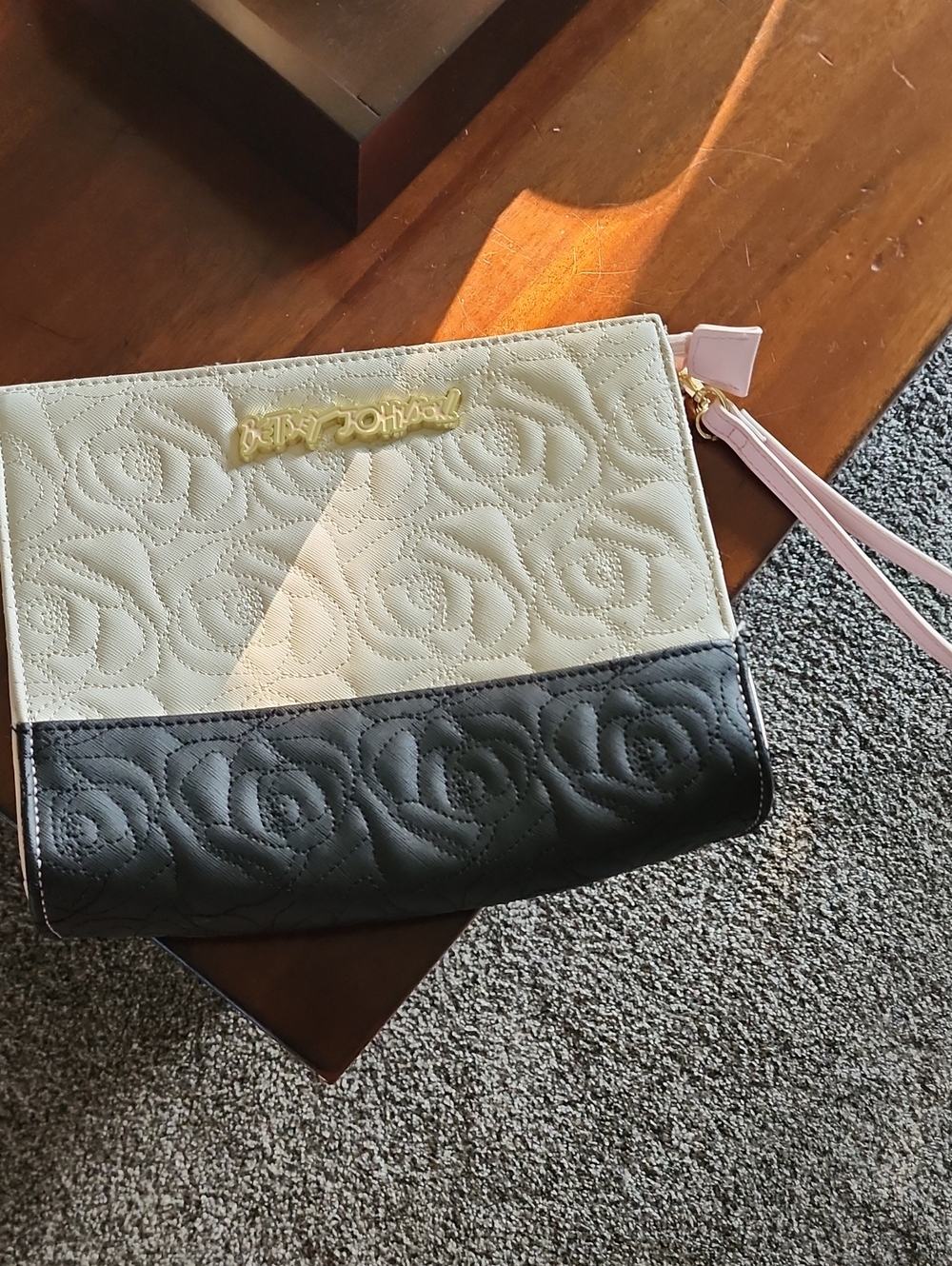 Betsey Johnson Two-Tone Quilted Wristlet Clutch in Cream and Black